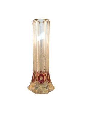 Antique Bohemian Crystal Bud Vase Clear Red Gold Etched Floral Design 9.75" Tall